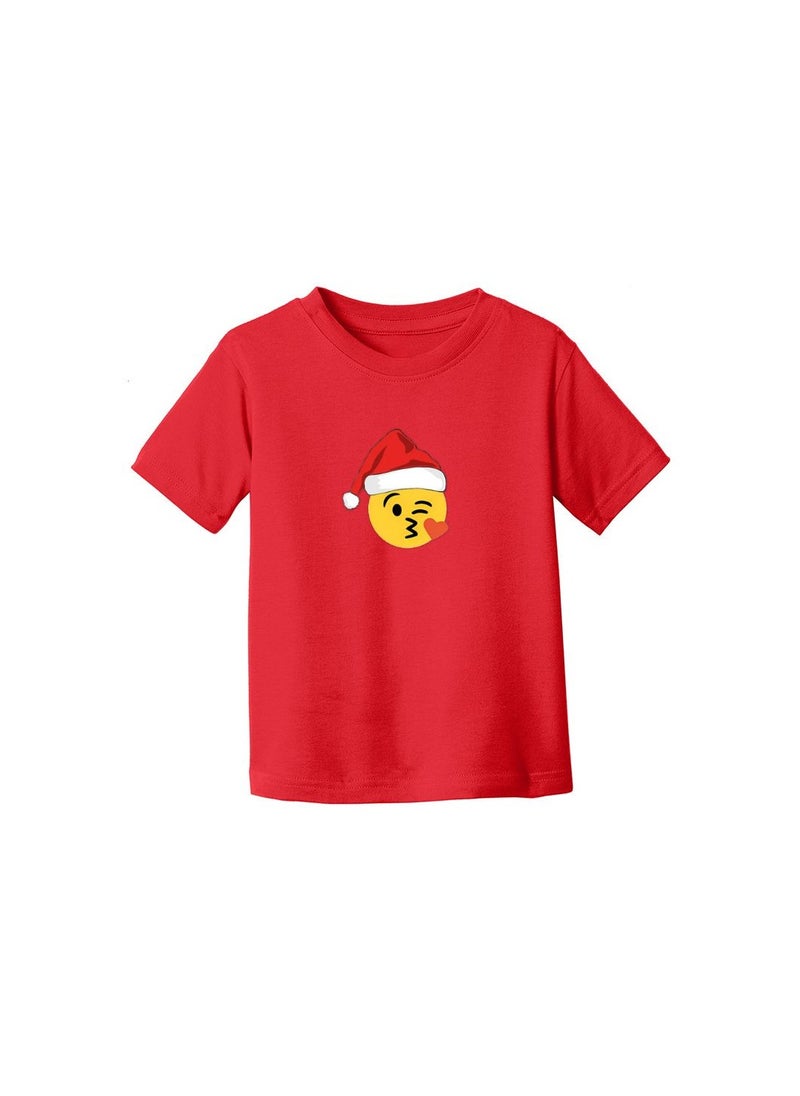 PRINTSHOP4ME - Christmas Emoji Kids Red T-Shirt For Girls–Soft Cotton Round Neck Short Sleeve T-Shirt With Smiley Face Emoji–Great For Parties - Image 1