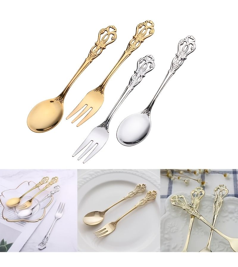 Golden 10 Pcs Pack Retro Embossed Stainless Steel Dessert Spoons And Forks For Cake Ice Cream Steak Snacks Afternoon Tea Dishwasher Safe - Image 4