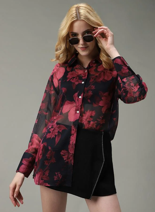 Outzidr  Black Printed Longline Shirt for Women | Best Price UAE