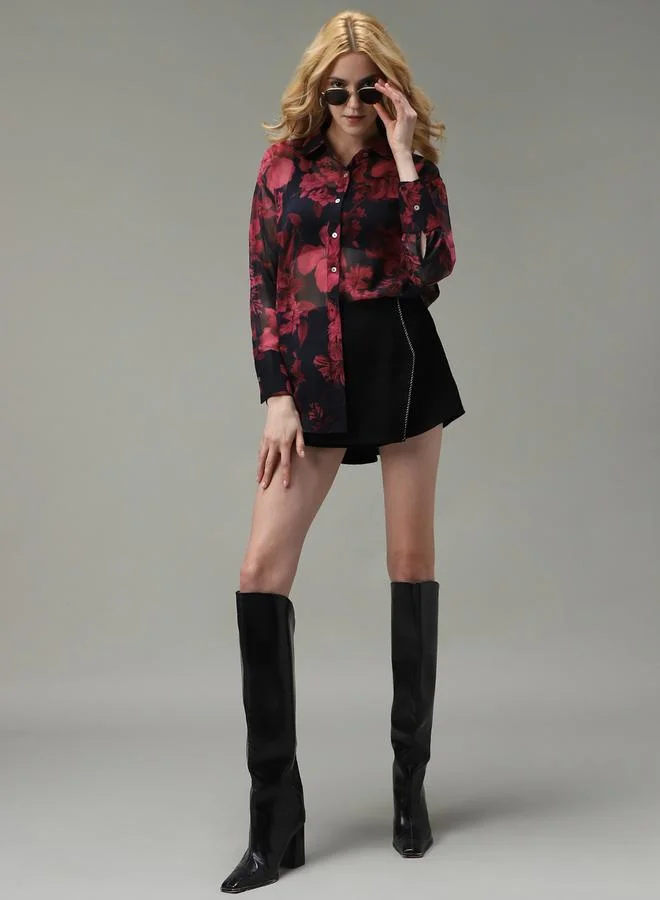 Outzidr  Black Printed Longline Shirt for Women | Best Price UAE