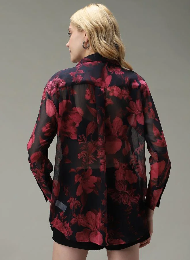 Outzidr  Black Printed Longline Shirt for Women | Best Price UAE