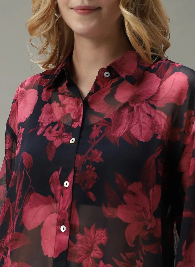Outzidr  Black Printed Longline Shirt for Women | Best Price UAE