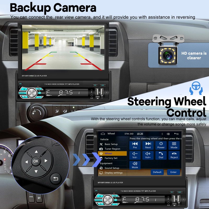 EKAT Single Din Flip Out Screen Car Stereo with Wireless Carplay and Android Auto, 7 inch 1 Din Touch Screen Radio Support Bluetooth/SWC/USB/FM + Backup Camera + Mic + Remote Control - Image 3