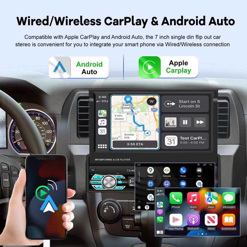 EKAT Single Din Flip Out Screen Car Stereo with Wireless Carplay and Android Auto, 7 inch 1 Din Touch Screen Radio Support Bluetooth/SWC/USB/FM + Backup Camera + Mic + Remote Control - Image 2