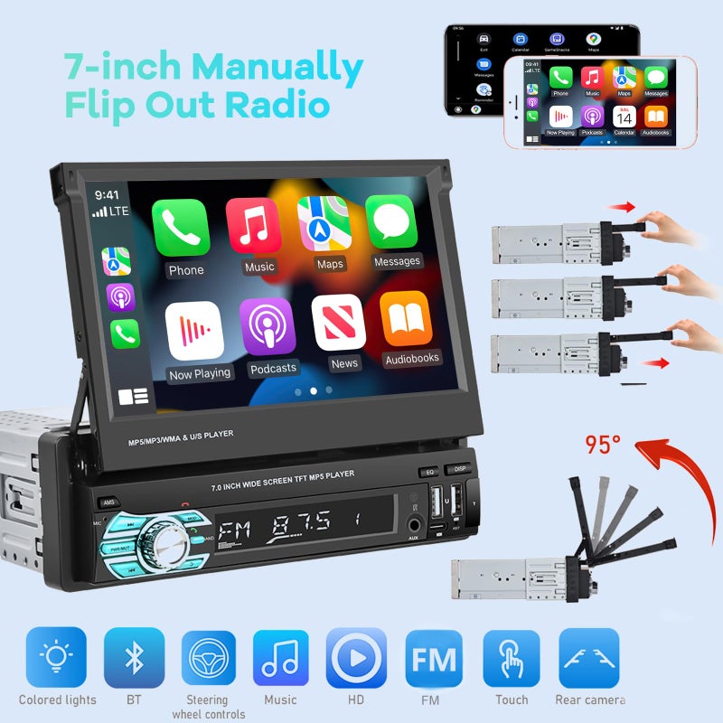 EKAT Single Din Flip Out Screen Car Stereo with Wireless Carplay and Android Auto, 7 inch 1 Din Touch Screen Radio Support Bluetooth/SWC/USB/FM + Backup Camera + Mic + Remote Control - Image 5