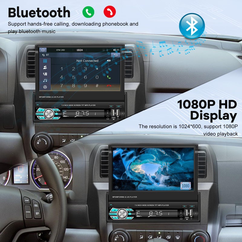 EKAT Single Din Flip Out Screen Car Stereo with Wireless Carplay and Android Auto, 7 inch 1 Din Touch Screen Radio Support Bluetooth/SWC/USB/FM + Backup Camera + Mic + Remote Control - Image 4