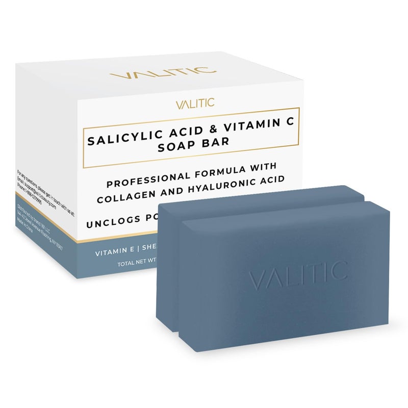 VALITIC Salicylic Acid and Vitamin C Soap Bar - Facial Cleanser and Exfoliating Body Wash for Blackheads, Enlarged Pores and Blemish Skin with Collagen, Hyaluronic Acid, Vitamin E - 2 Pack - Image 1