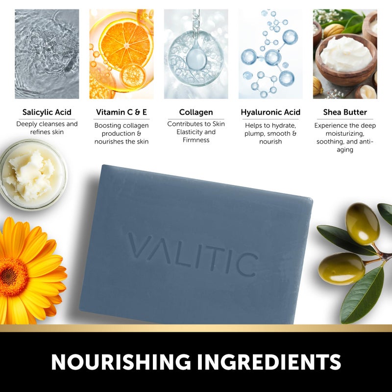 VALITIC Salicylic Acid and Vitamin C Soap Bar - Facial Cleanser and Exfoliating Body Wash for Blackheads, Enlarged Pores and Blemish Skin with Collagen, Hyaluronic Acid, Vitamin E - 2 Pack - Image 5