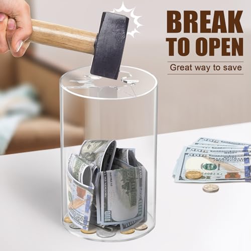 Hicocool Clear Piggy Bank, Acrylic Piggy Bank for Adults Must Break to Open, Unopenable Money Saving Box for Boys Girls Birthday Gift (8" H x 5" D) - Image 3
