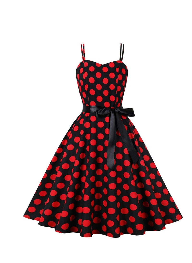 Loquat Vintage Large Hem Lace Up Polka Dot Printed Strap Black/Red  - Image 1