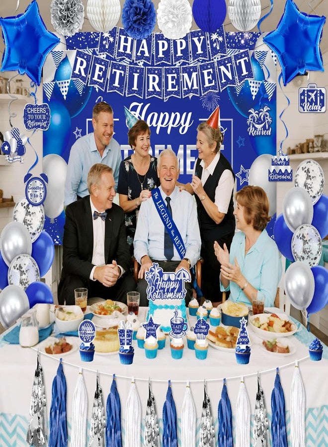 REDWORD Retirement Party Decorations, Blue Silver Retirement Decorations for Men Women Including Tassel Garland Banner HAPPY RETIREMENT Banner Backdrop Sash Hanging Swirl Balloons Honeycomb Ball Cake Toppers - Image 4