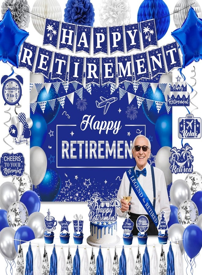 REDWORD Retirement Party Decorations, Blue Silver Retirement Decorations for Men Women Including Tassel Garland Banner HAPPY RETIREMENT Banner Backdrop Sash Hanging Swirl Balloons Honeycomb Ball Cake Toppers - Image 1
