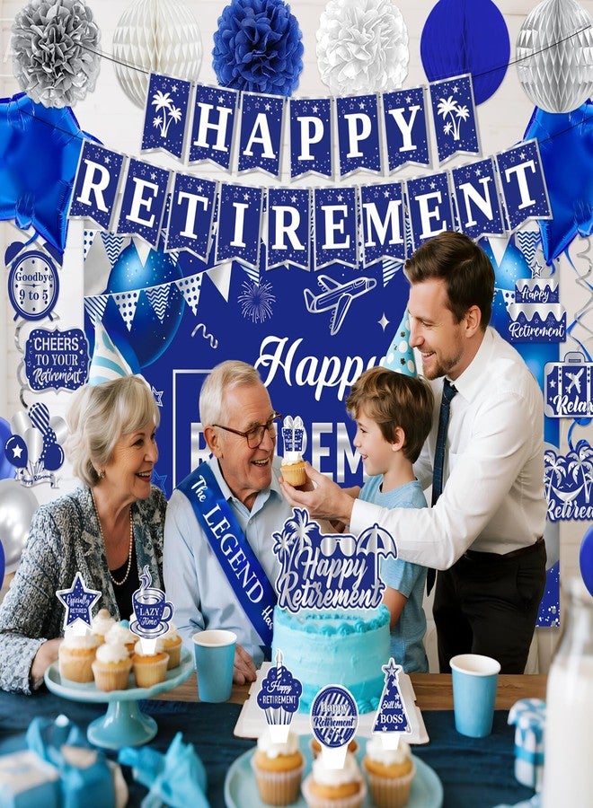 REDWORD Retirement Party Decorations, Blue Silver Retirement Decorations for Men Women Including Tassel Garland Banner HAPPY RETIREMENT Banner Backdrop Sash Hanging Swirl Balloons Honeycomb Ball Cake Toppers - Image 5