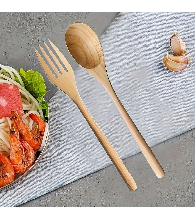 6pcs Handmade Japanese Style Natural Wood Spoon Fork Long Handle Non Stick Pan Safe - Image 4