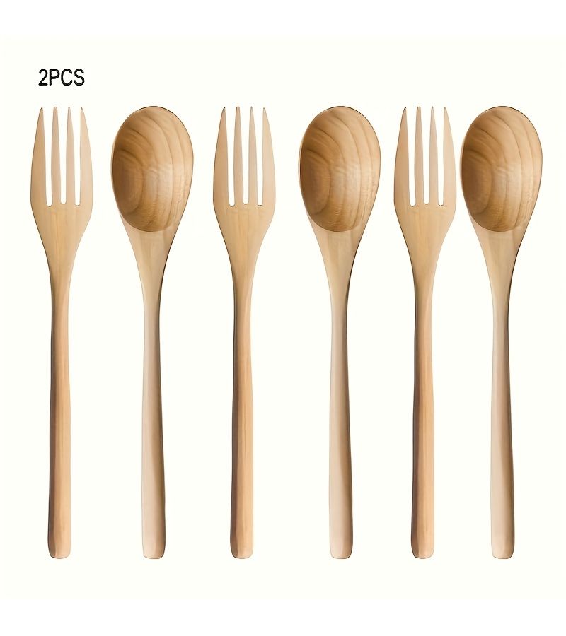 6pcs Handmade Japanese Style Natural Wood Spoon Fork Long Handle Non Stick Pan Safe - Image 1
