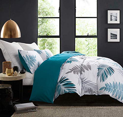 SLEEPBELLA Duvet Cover Set  600 Thread Count Cotton White Leaf Floral Pattern Print Reversible Comforter Cover Set (King  Peacock Blue-Leaf) - Image 1