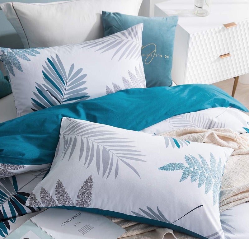 SLEEPBELLA Duvet Cover Set  600 Thread Count Cotton White Leaf Floral Pattern Print Reversible Comforter Cover Set (King  Peacock Blue-Leaf) - Image 3