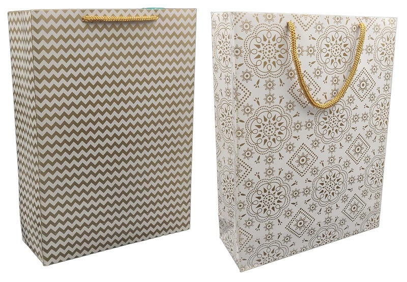TASCHE TASCHE Gold Waves and Simply Gold Design Printed Assorted Gift Paper Bags Gift Bags for Return gifts and Birthday Holliday presents 11 8 3 Inches Pack of 24 