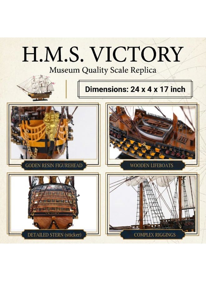 NAUTIMALL HMS Victory Model Ship, 24 inch Handcrafted Wooden Replica with Canvas Sails, Naval Warship Display Model (V60) - Image 2
