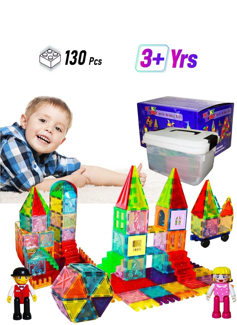 PEAKY KIDS 130 pcs magnetic tiles for kids,  stem approved educational magnetic blocks, 3d montessori toys for boys girls, constructing structures shapes building sets for brain activity & creativity  - Image 1