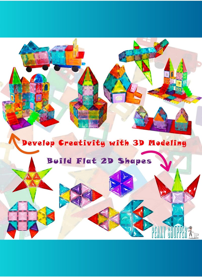 PEAKY KIDS 130 pcs magnetic tiles for kids,  stem approved educational magnetic blocks, 3d montessori toys for boys girls, constructing structures shapes building sets for brain activity & creativity  - Image 2