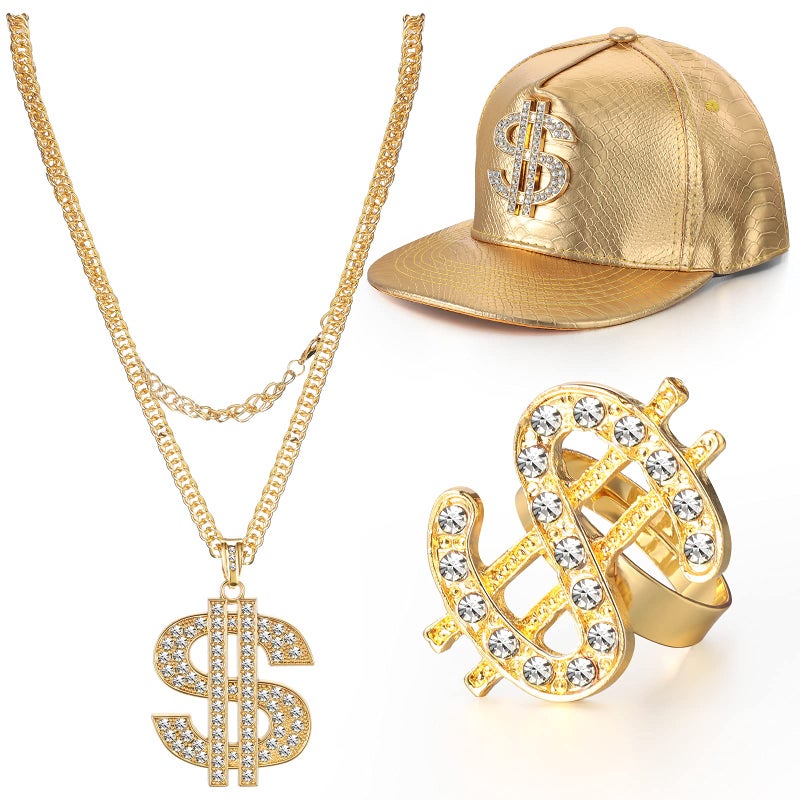 MTLEE 3 Pcs 80s 90s Hip Hop Costume Kit Halloween Rapper Outfits Accessories Dollar Sign Necklace Dollar Ring Hat for Men Halloween Party Cosplay(Gold) - Image 1