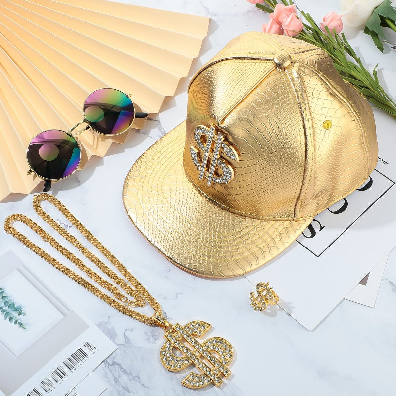 MTLEE 3 Pcs 80s 90s Hip Hop Costume Kit Halloween Rapper Outfits Accessories Dollar Sign Necklace Dollar Ring Hat for Men Halloween Party Cosplay(Gold) - Image 4