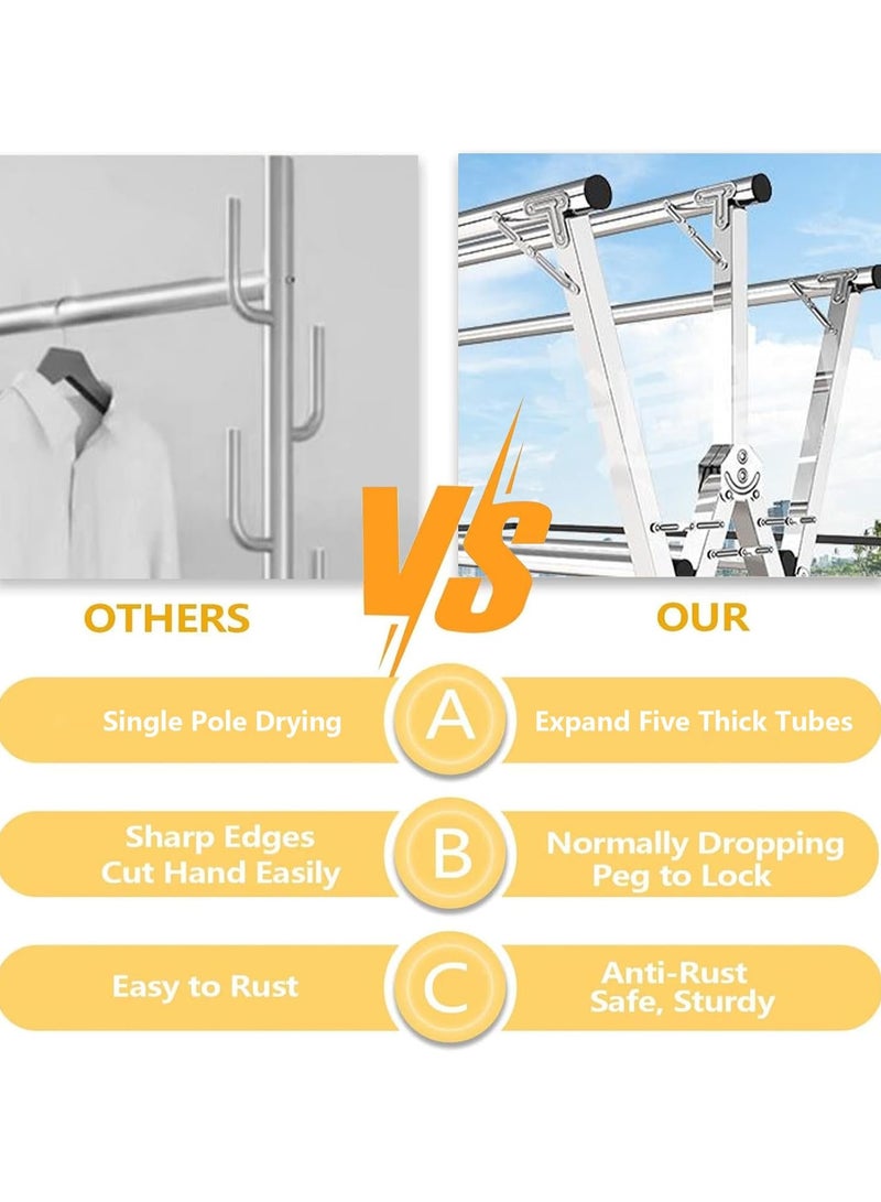 INSIJAM Clothes Drying Rack Foldable Drying Rack Stainless Steel 5 Poles Laundry Rack Clothes Drying Rack with Shoe Rack Space Saving Laundry Drying Rack for Indoor Outdoor with Windproof Hooks - Image 3