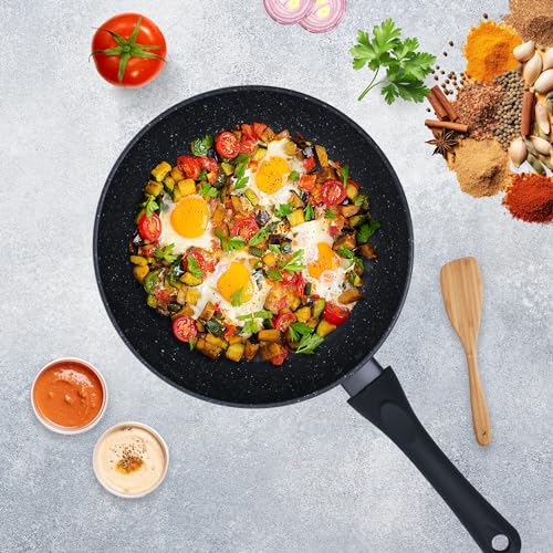 SOLARA Non Stick Frying Pan 24cm, Granite Omlette Egg Pan, Induction&Gas Fry Pan, Fish Pan, Frying pan Non Stick, PFOA Free, Dishwasher Safe Frying pan - Black - Image 1