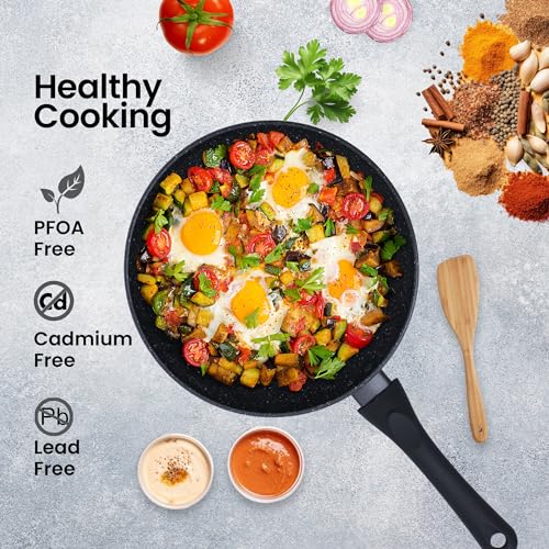 SOLARA Non Stick Frying Pan 24cm, Granite Omlette Egg Pan, Induction&Gas Fry Pan, Fish Pan, Frying pan Non Stick, PFOA Free, Dishwasher Safe Frying pan - Black - Image 2