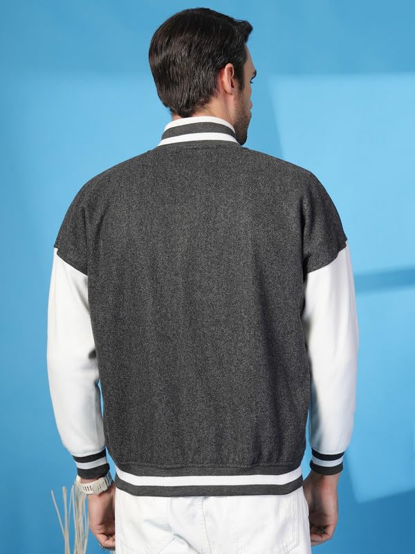 CHKOKKO Men's Fleece Oversized Varsity Stylish Letterman Long Sleeves Winter Jacket Anthras, Small - Image 3
