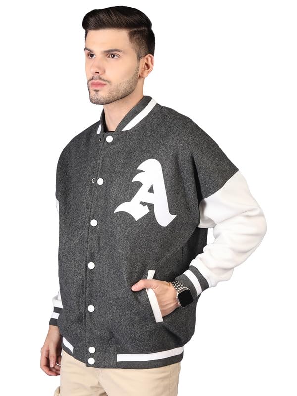 CHKOKKO Men's Fleece Oversized Varsity Stylish Letterman Long Sleeves Winter Jacket Anthras, Small - Image 2