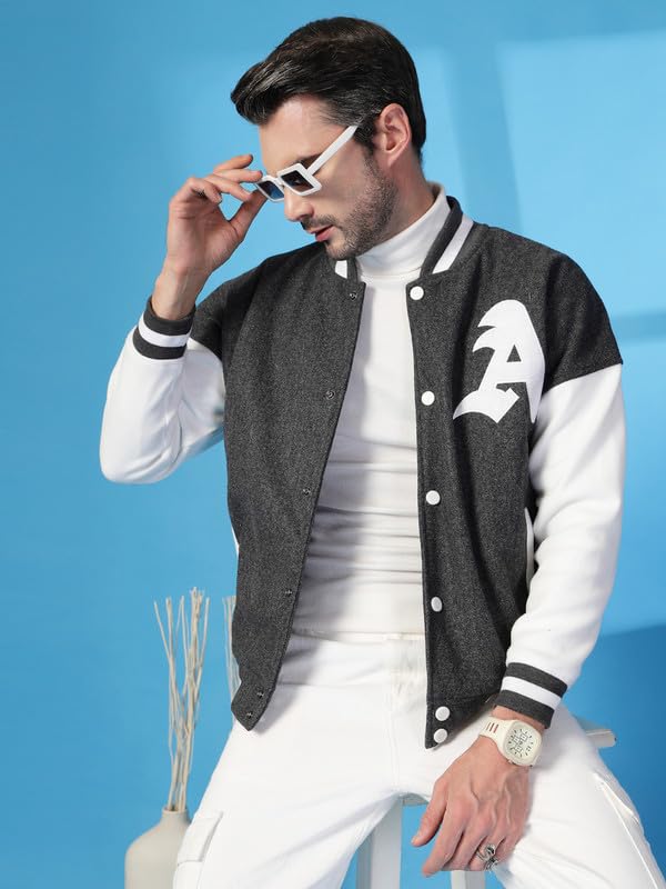 CHKOKKO Men's Fleece Oversized Varsity Stylish Letterman Long Sleeves Winter Jacket Anthras, Small - Image 4