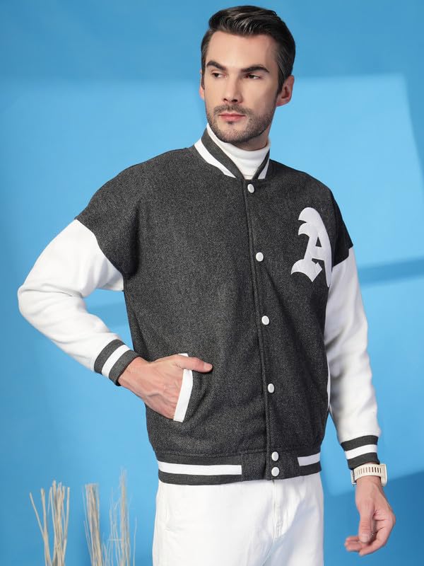 CHKOKKO Men's Fleece Oversized Varsity Stylish Letterman Long Sleeves Winter Jacket Anthras, Small - Image 5