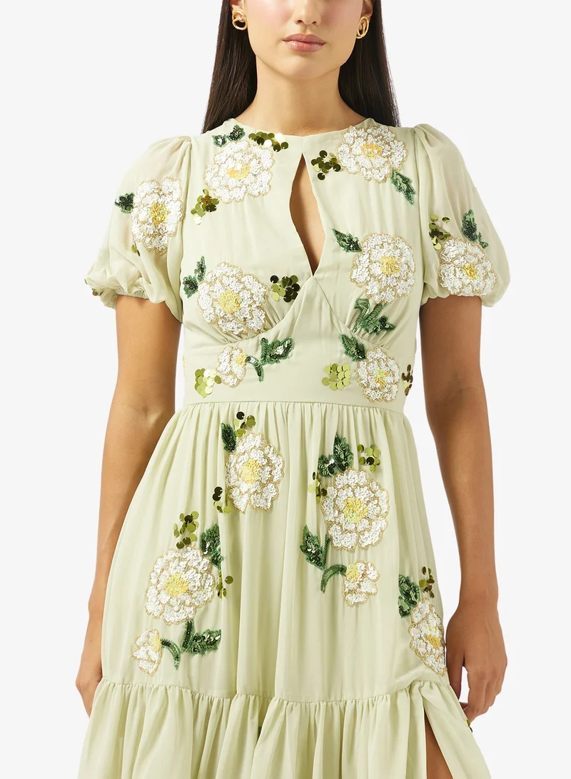 Maya  Contrast Floral Embellished Puff Sleeve Maxi Dress for Women | Best Price UAE