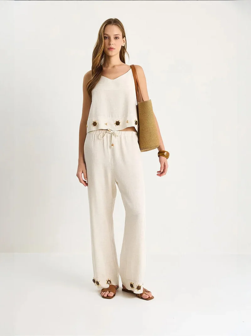 Bianco Lucci LUCCI Embroidered V-neck Long Wide Leg Co-ord Set