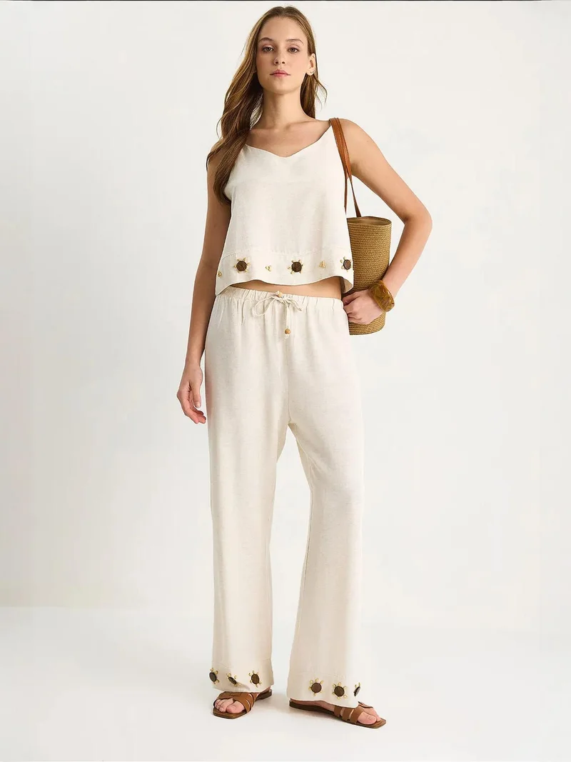 LUCCI Embroidered V-neck Long Wide Leg Co-ord Set