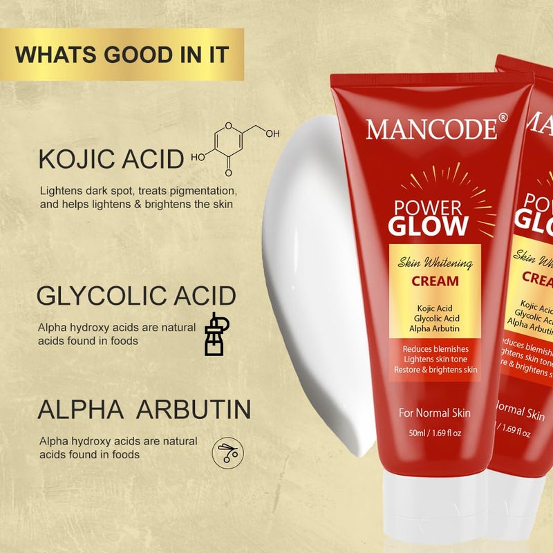 MAN CODE Mancode Power Glow Skin Glowing Cream with Kojic Acid Glycolic Acid Alpha Arbutin Brightening Hydrating Formula for Men Reduces Dark Spots Uneven Skin Tone 50ml  - Image 2