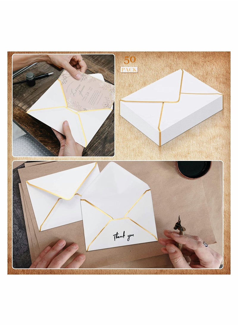 SYOSI 50 Pack 5x7 Envelopes for Invitations, SYOSI Self-Adhesive V Flap A7 Luxury Mailing Envelopes Cards with Gold Border for Wedding Greeting, Gift Cards, Graduation, Birthday Party (White)  - Image 2