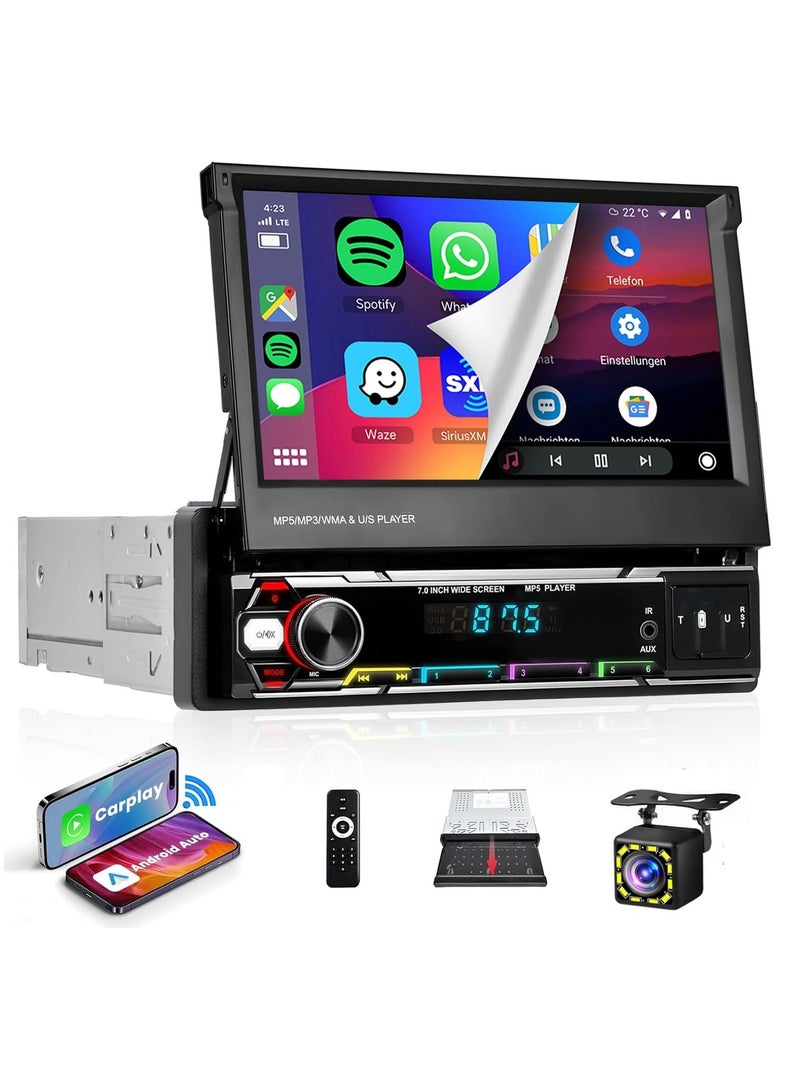 XiuWoo Wireless Carplay 7inch Single Din Touchscreen Radio,IPS Manual Flip Out Touchscreen,AM/FM/RDS 5.1Bluetooth Car Stereo,Fast Charging,Wireless Android Auto,Mirror Link,2 USB/TF/AUX Port+Backup Camera - Image 1