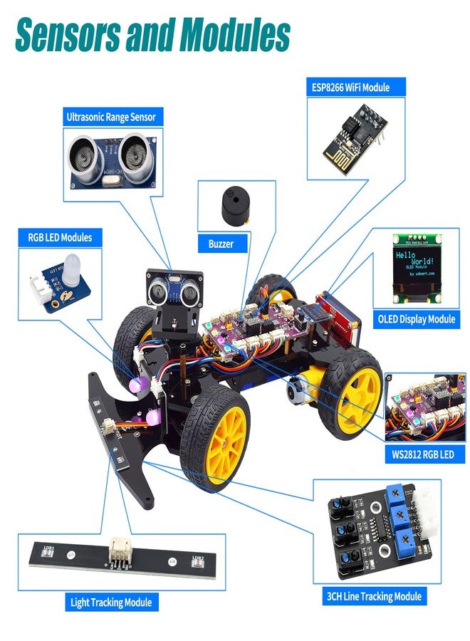Adeept Smart Car Kit(Compatible with Arduino IDE), Line Tracking, Obstacle Avoidance, OLED Display, Ultrasonic Sensor, IR Wireless Remote Control, DIY STEM Educational Robot Car Kit - Image 4