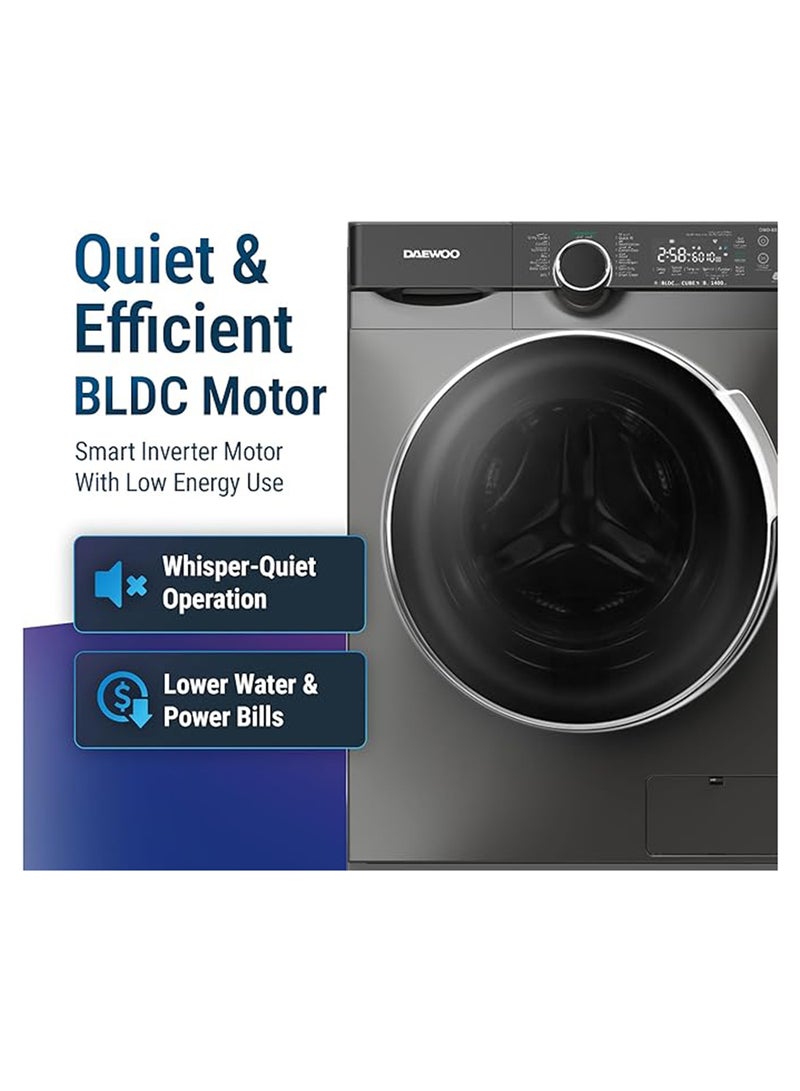 DAEWOO 9Kg Front Load Washing Machine With Lunar Dial, 1400 Rpm, Bldc Inverter Motor, Fully Automatic Washer With Wide Door, Digital Led Display, Child Lock, Steam Care, Quick Wash, - Image 2