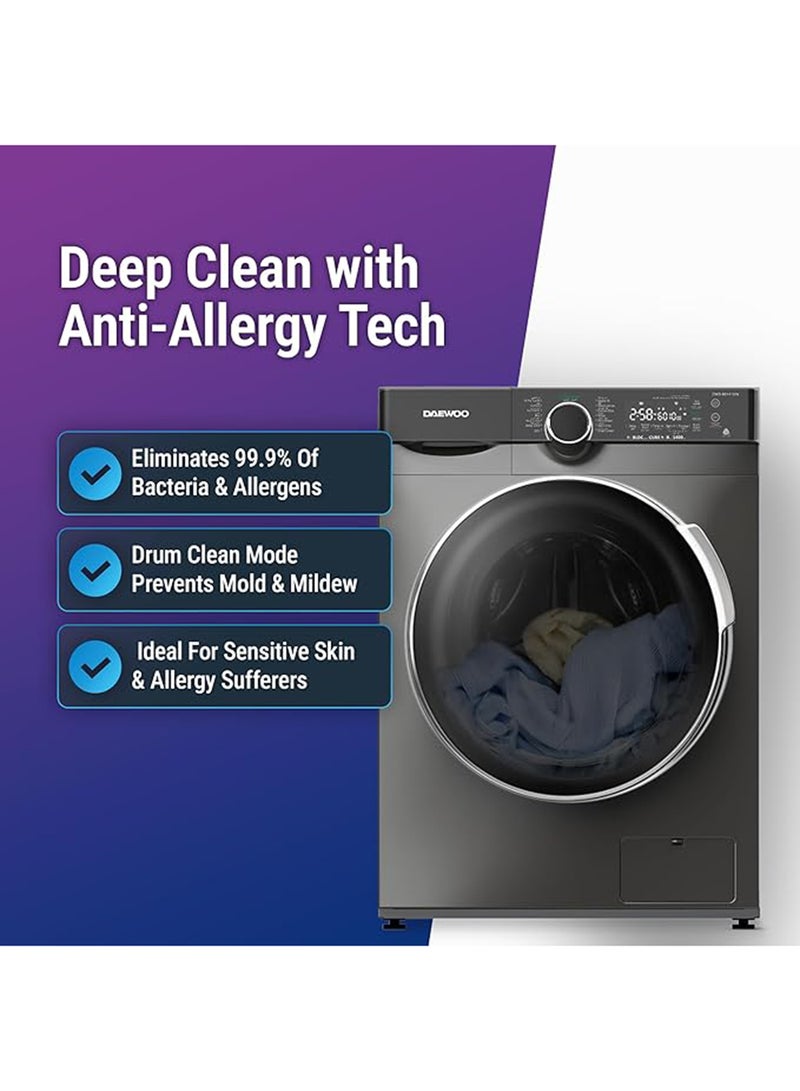 DAEWOO 9Kg Front Load Washing Machine With Lunar Dial, 1400 Rpm, Bldc Inverter Motor, Fully Automatic Washer With Wide Door, Digital Led Display, Child Lock, Steam Care, Quick Wash, - Image 3