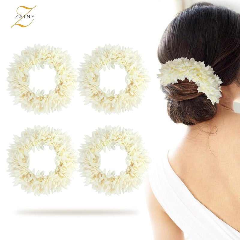 ZAINY 4 Pack Mogra Artificial Gajra for Hair Indian Bun Braid Traditional Veni Scrunchies Scented Jasmine Flowers Bridal Hair Accessories for Women White Wedding Scrunchie  Floral Girl Accessory