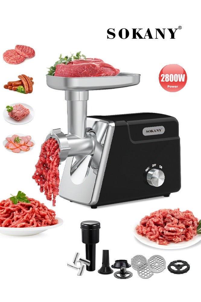 sokany Meat Grinder, Sausage Stuffer, 2800W Electric Meat Mincer with Reverse Function,Incude Stainless Steel Blades & 3 Grinding Plates,Sausage Maker & Kibbe Kit for Home Kitchen & Commercial Using,SK-06044,Silver/Black - Image 1