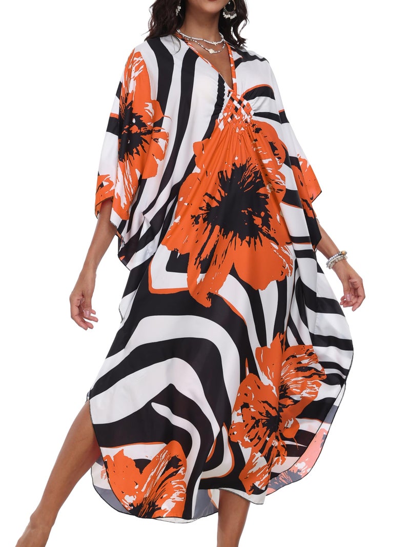 CHICGAL Womens Kaftan Dresses Long Caftans Plus Size Batwing Sleeve Swimsuit Coverup V Neck Summer Beach Dress (Orange Flowers,One Size) - Image 1