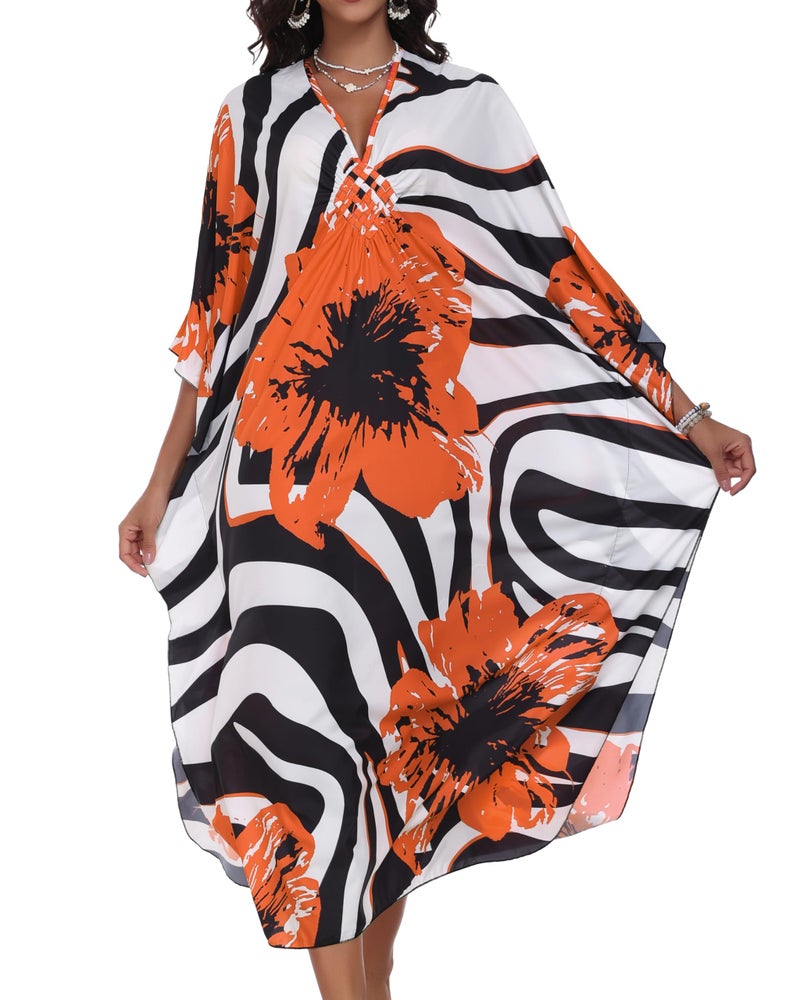 CHICGAL Womens Kaftan Dresses Long Caftans Plus Size Batwing Sleeve Swimsuit Coverup V Neck Summer Beach Dress (Orange Flowers,One Size) - Image 2