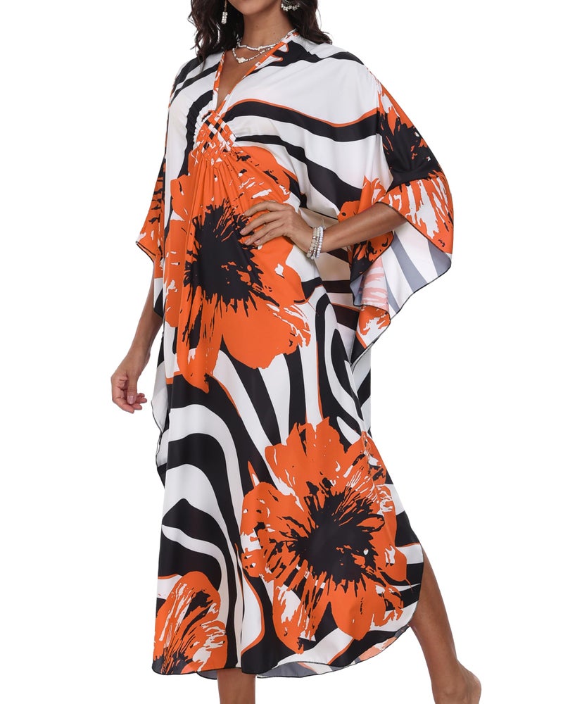 CHICGAL Womens Kaftan Dresses Long Caftans Plus Size Batwing Sleeve Swimsuit Coverup V Neck Summer Beach Dress (Orange Flowers,One Size) - Image 5