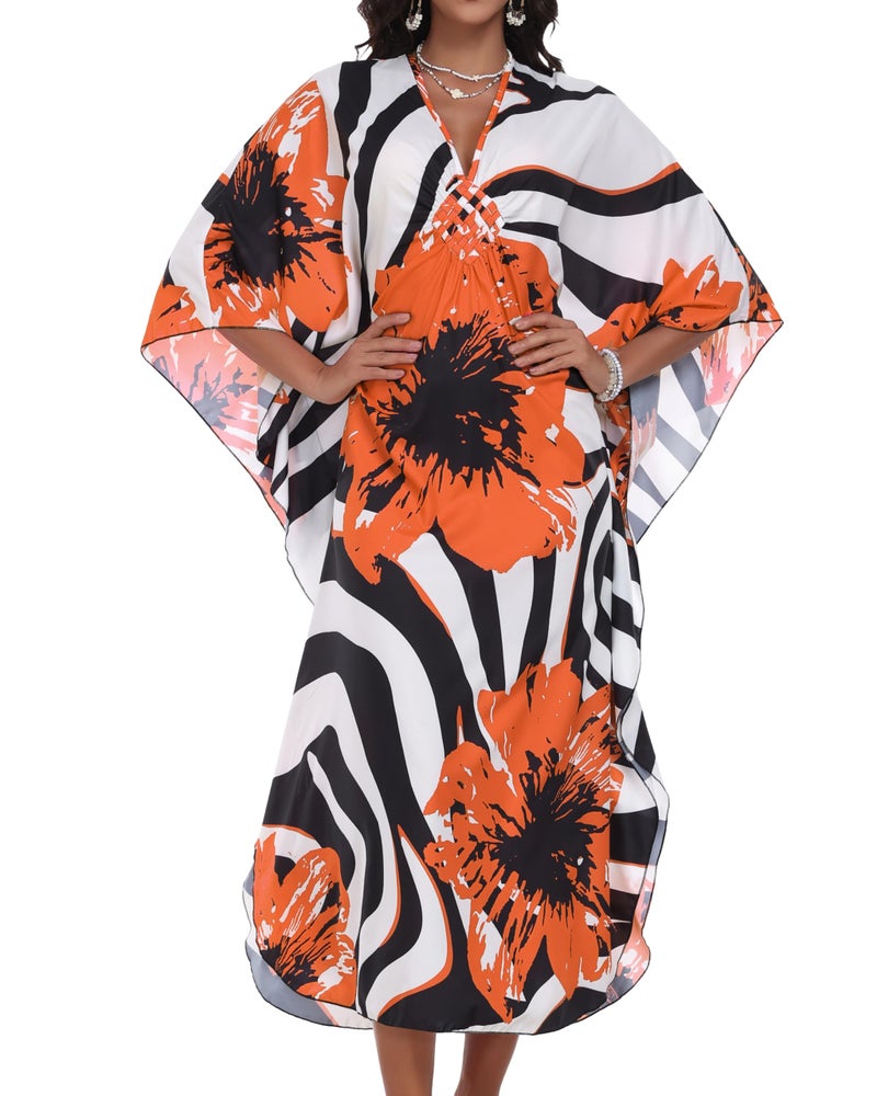 CHICGAL Womens Kaftan Dresses Long Caftans Plus Size Batwing Sleeve Swimsuit Coverup V Neck Summer Beach Dress (Orange Flowers,One Size) - Image 3