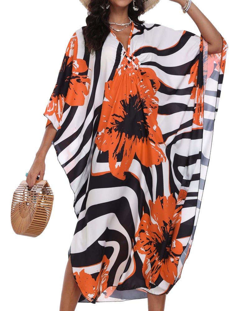 CHICGAL Womens Kaftan Dresses Long Caftans Plus Size Batwing Sleeve Swimsuit Coverup V Neck Summer Beach Dress (Orange Flowers,One Size) - Image 4